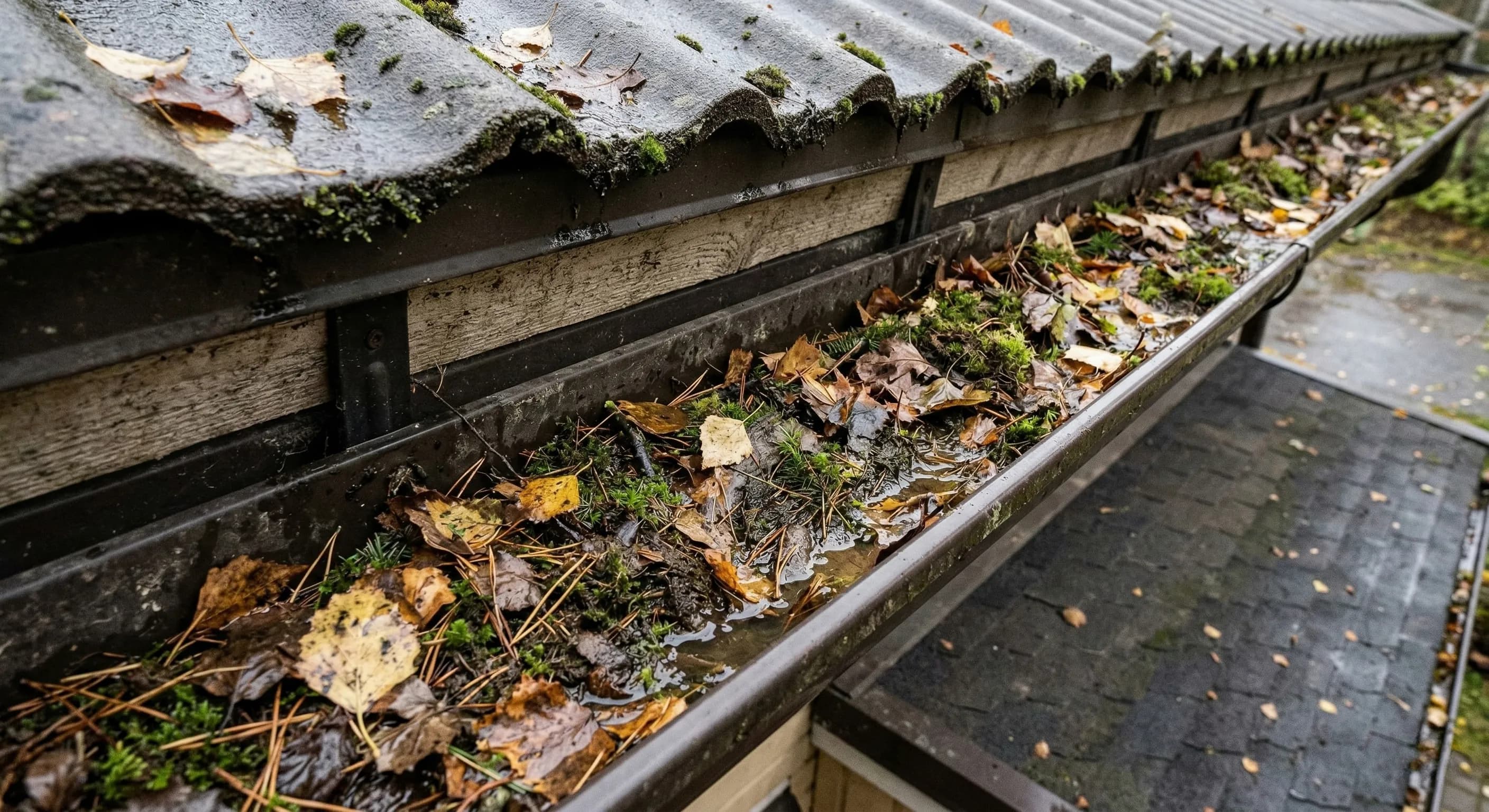 Tukkeutunut ränni täynnä lehtiä ja sammalta